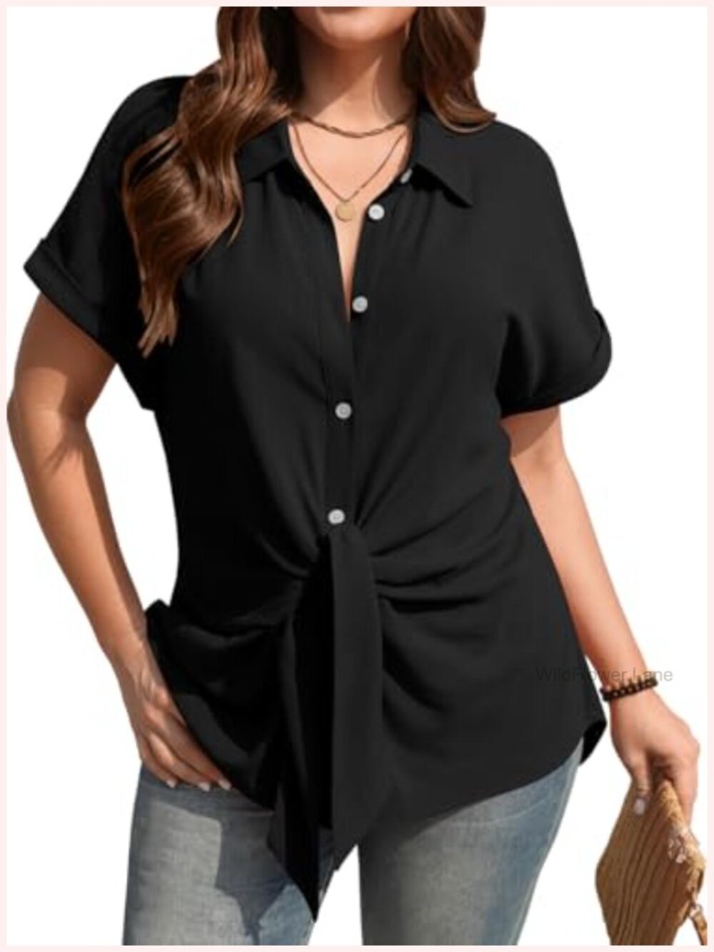Linen Blend Button Down Tie Front Blouse Short Sleeve Summer Top